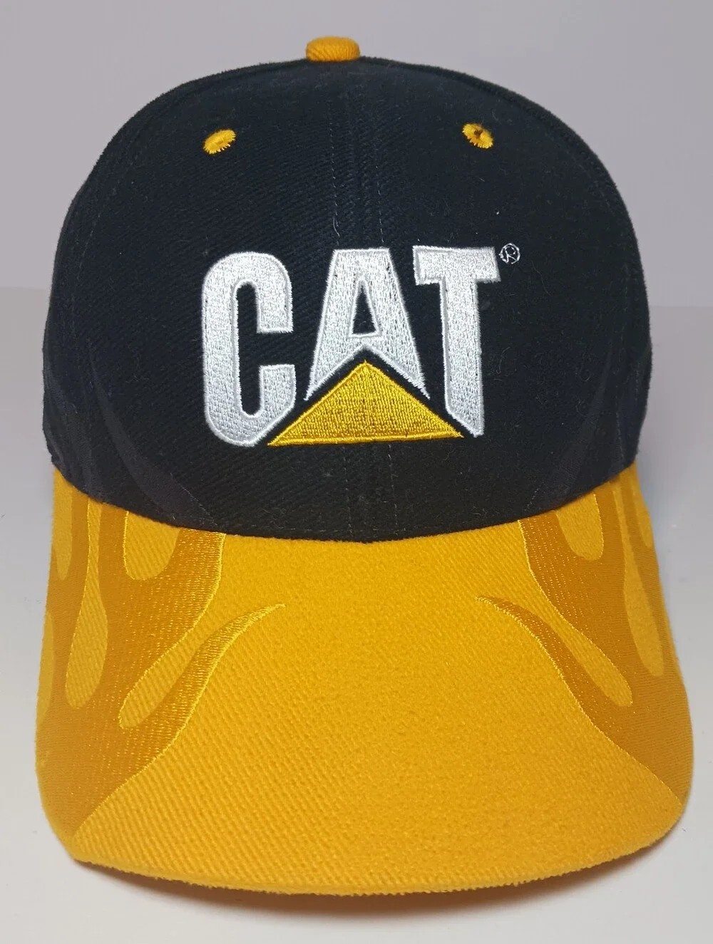 Vintage CAT Caterpillar Flames Cap Hat Black Yellow Cyrk OSFM Adjustable